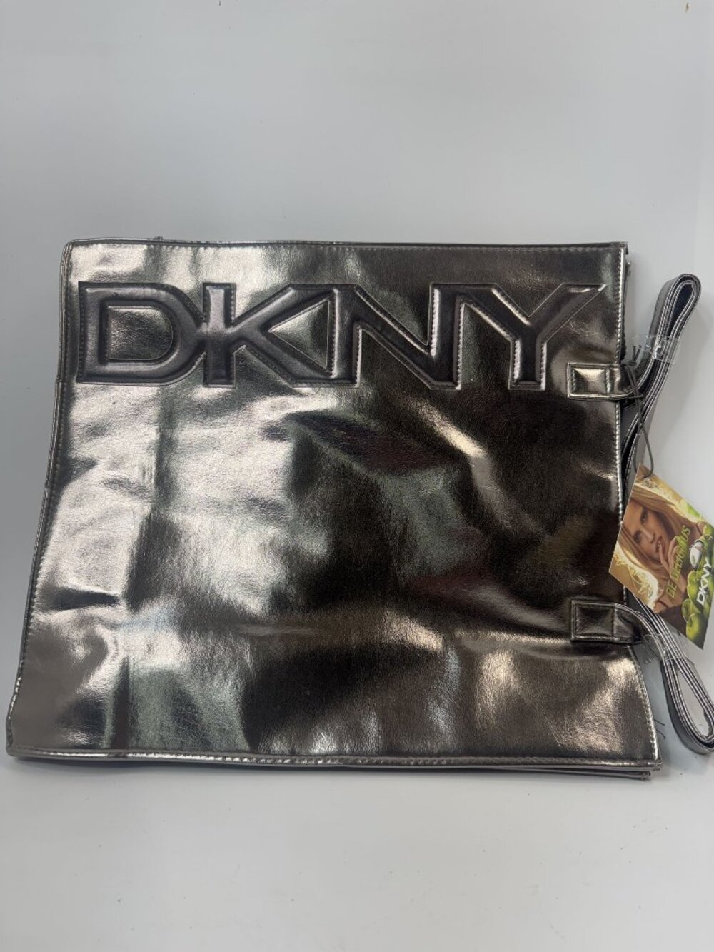 DKNY Metallic Silver Tote Bag With Snap Closure & Interior Pocket New